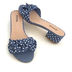 JUSTFAB Dress Sandals Block Heel Slides Polka Dot Blue White Etna Size 8.5 NEW